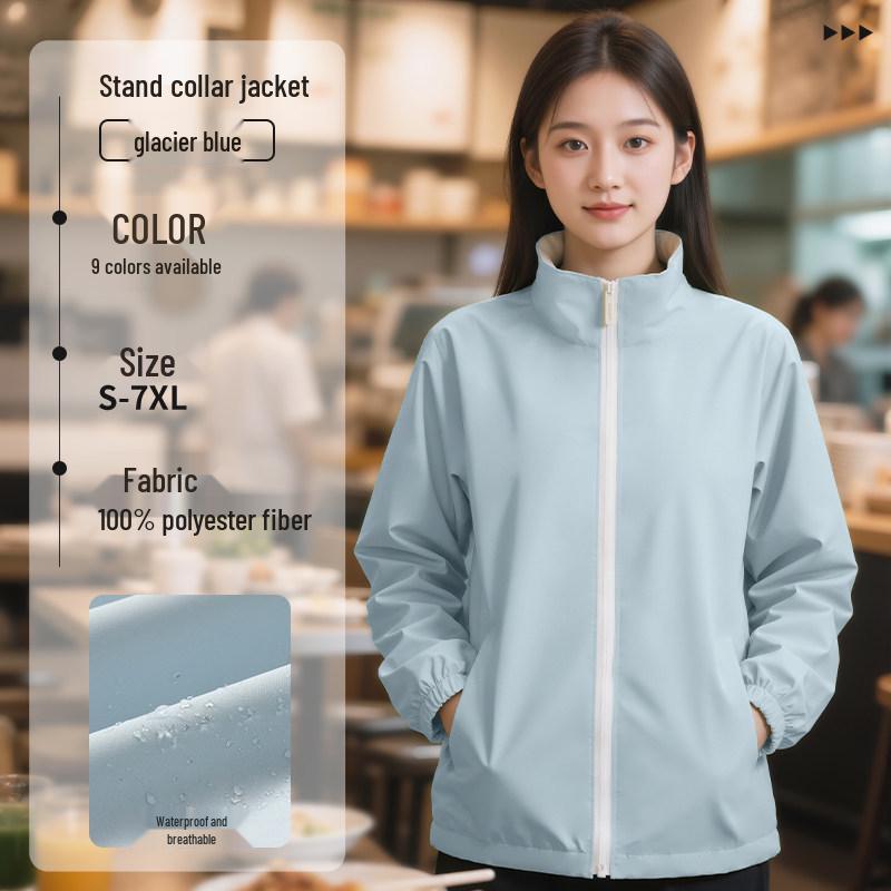 Custom Outdoor Work Jacket for Catering: Restaurant, Milk Tea, Coffee Waiter Uniform with Zipper and Logo Print.