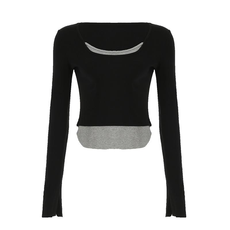 

Women s Color Block Patchwork Slimming Knit Top - Irregular Long Sleeve T-Shirt Design Large чорний