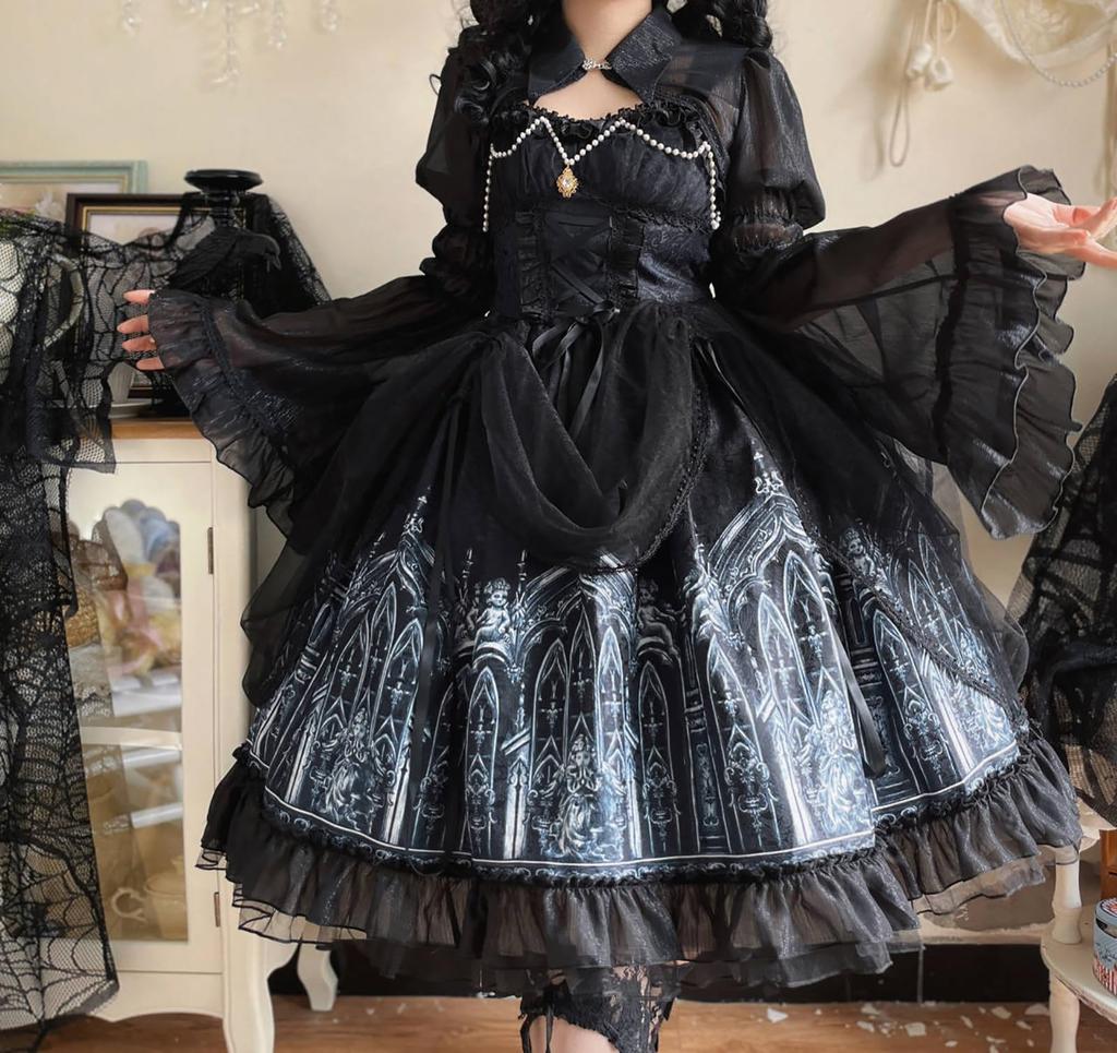 Gothic Lolita JSK Lolita Jumper Skirt with and Lace Up Sickly Princess Mori Princess Idol Size M [XHSUKADO] 2-Piece Cape, Ribbon, Dress, Women's