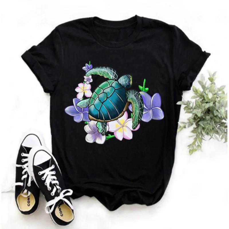Women's Turtle Print T-shirt, Short Sleeve Harajuku Cartoon T-shirt, Summer 2026 Round Neck Street Style T-shirt, Y2K Clothing