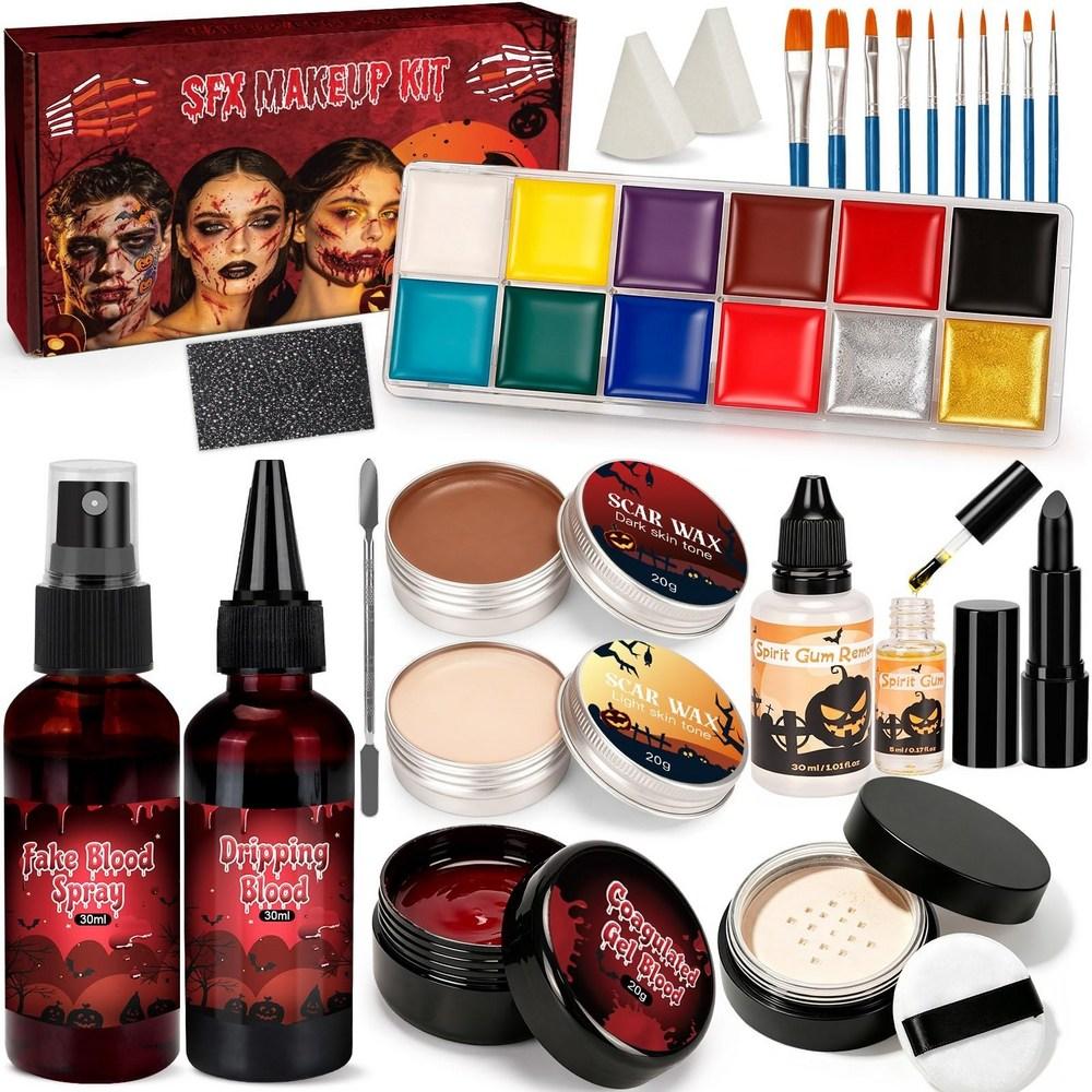 Halloween SFX Makeup Kit 24 Pieces Blood Oil Face Paint Setting Powder Brush Sponge Special Effects Makeup Pre-Zombie Fire 1 Pcs