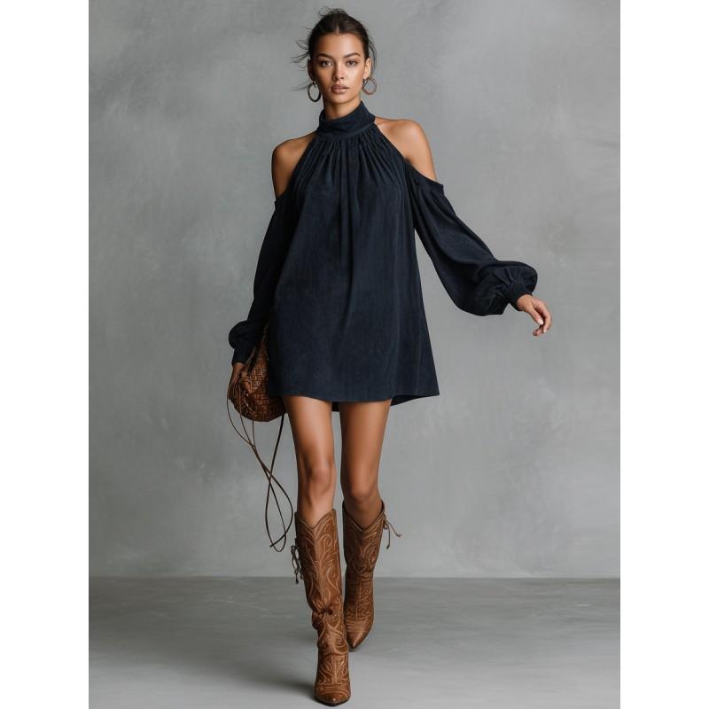 2026 Womens Loose Suede Halter Mini Dress Lantern Sleeve Sweet Party