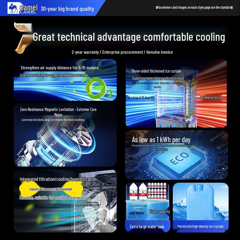 Camel Commercial Evaporative Air Cooler - Mobile Water-Filling Cooling Fan for Industrial, Household, and Restaurant Use