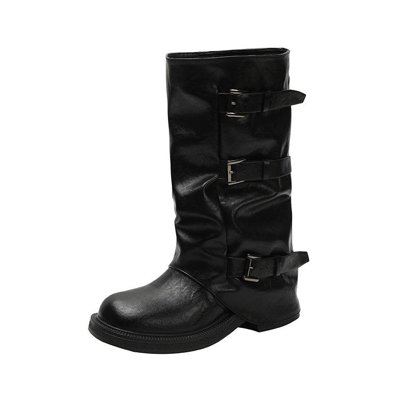 

, the leg essence plays the role of height increase cm belt buckle square round head pleated medium tube knight boots 35