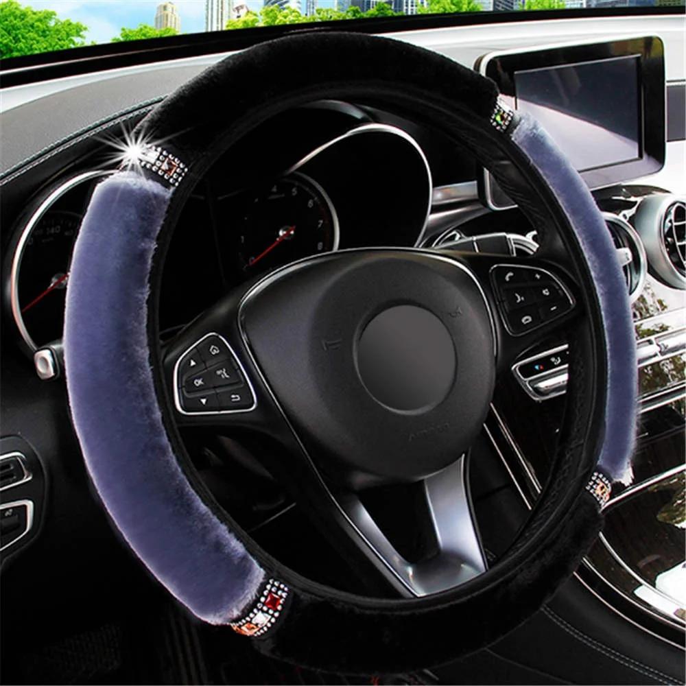 37-38cm Diameter Universal Elastic Soft Plush Rhinestone Car Steering Wheel Cover Interior Accessories