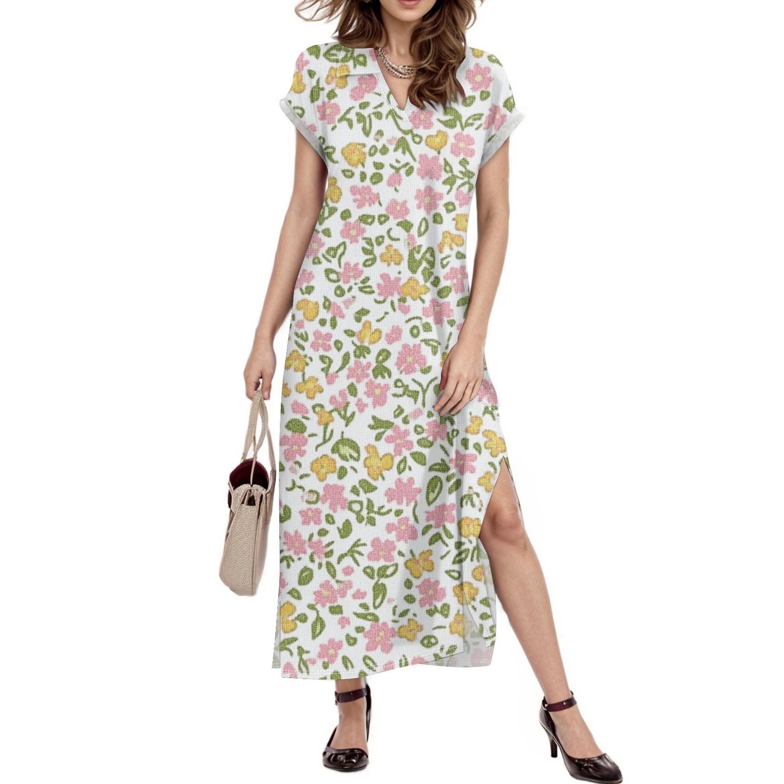 

Женское платье макси с цветочным принтом, повседневное платье-рубашка с длинным рукавом и свободным разрезом, праздничное платье с коротким рукавом XL белый