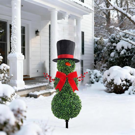 Christmas Snowman Topiary 31" Artificial Snowman Shaped Topiary Tree with Red Bow Santa Hat Faux Boxwood Topiary for Home Front Porch Garden Decor