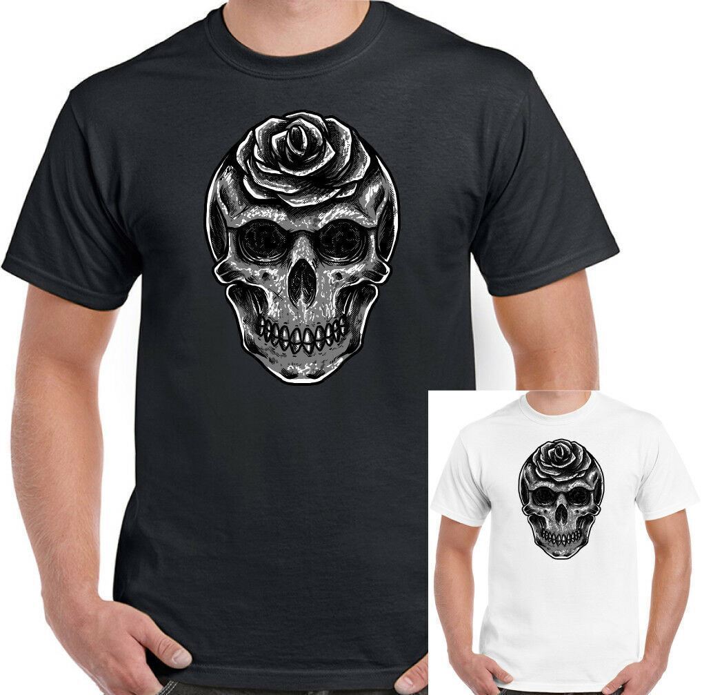 Skull T-shirt Biker Rock Music Heavy Metal Motorbike Bike Rose Mens Gothic Style S