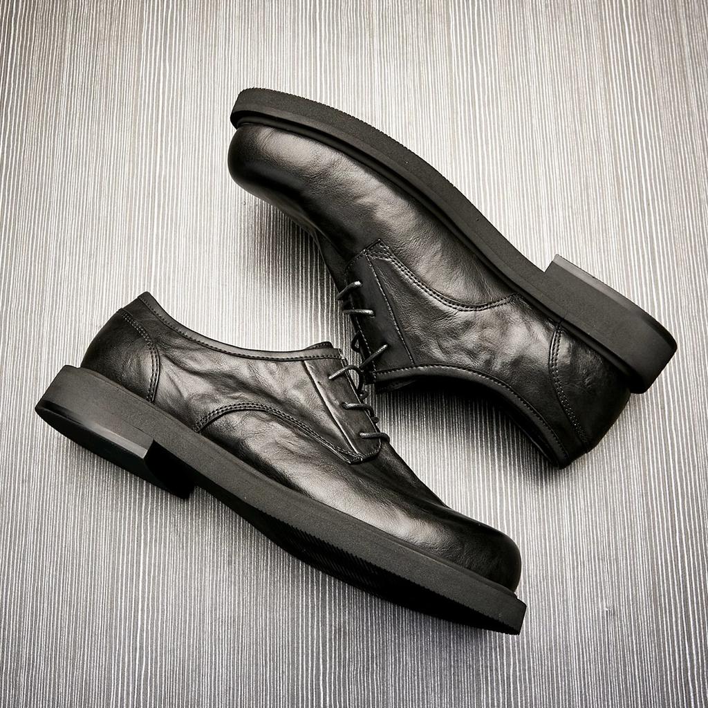 Lederschuhe Herren Trend Britische Low-Top Freizeitschuhe Business Runde Zehe Vielseitige Schwarze Mode Lederschuhe Weichsohlige Herrenschuhe