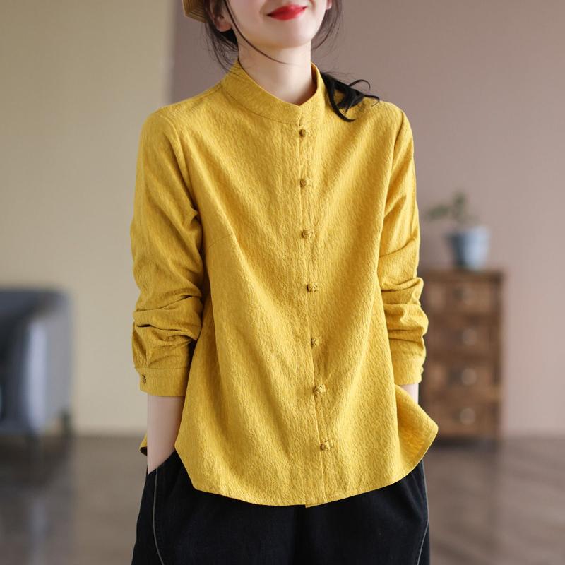Cotton Linen Spring and Autumn Zen Women's Button-down Top Solid Color Long-sleeved Retro Literary Loose Age-reducing Shirt