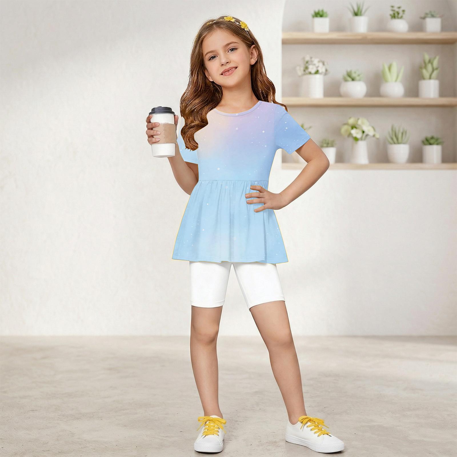 

Girls Summer Outfit Short Sleeve Peplum Top with Ruffle Hem and Matching Shorts Set Lightweight Breathable Fabric Comfortable Fit 140
