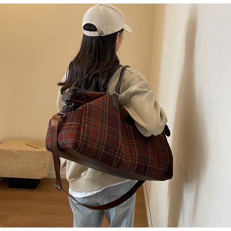Portable Travel Bag Large Capacity Retro Plaid Crossbody Fitness Bag Short-distance Travel Luggage Bag