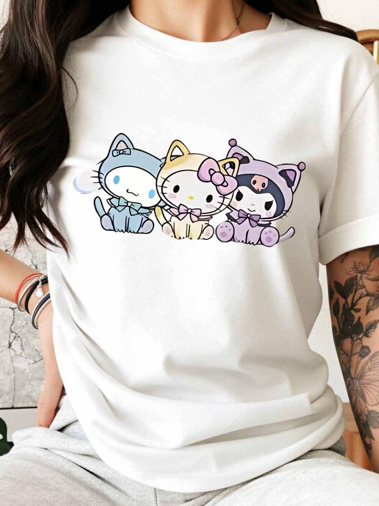 

Ladies Summer Casual Short Sleeved Top with Hello Kitty and Friends Pattern Is Perfect for Daily Wear and RecomUnisexded As A Gift S