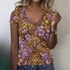Damen V-Ausschnitt Kurzarm Top Lässiges Entspanntes T-Shirt mit Blumenmuster Leichter Weicher Stoff Pullover Bluse