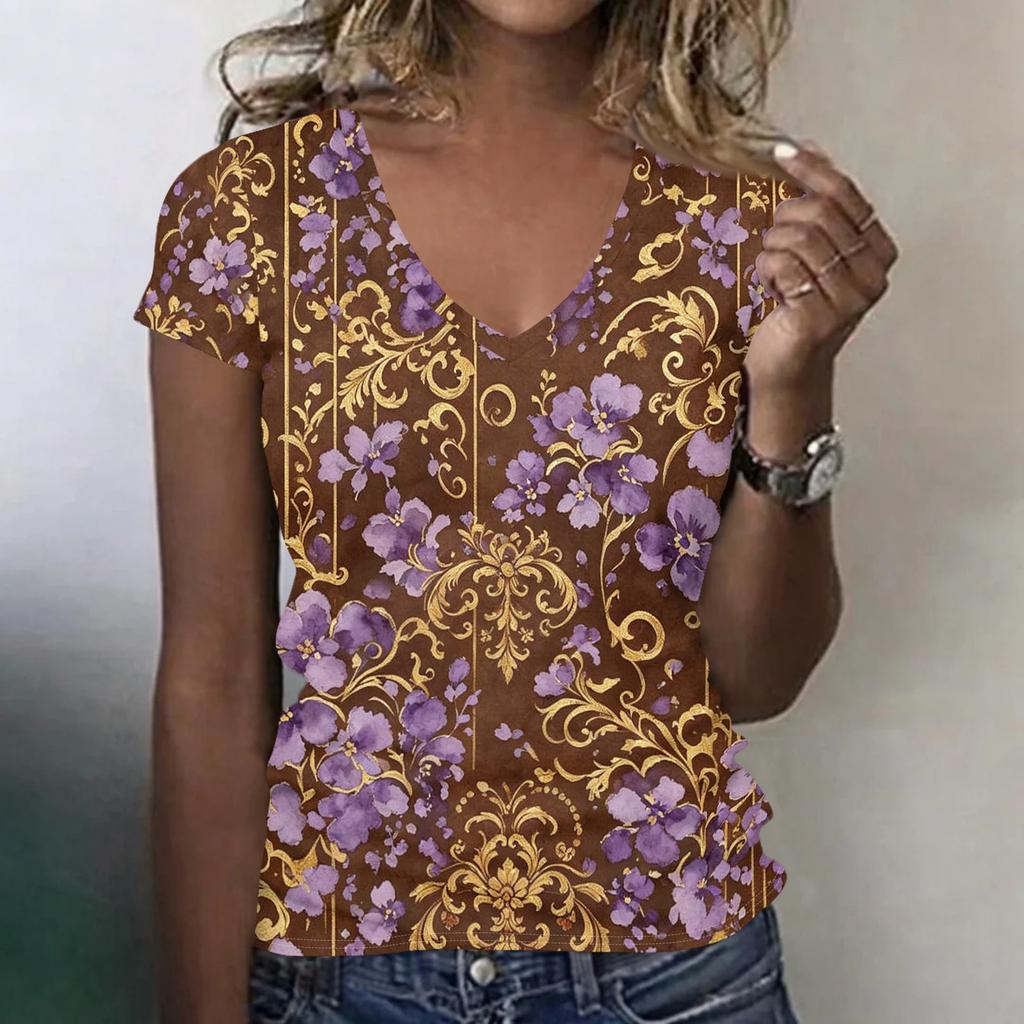 Damen V-Ausschnitt Kurzarm Top Lässiges Entspanntes T-Shirt mit Blumenmuster Leichter Weicher Stoff Pullover Bluse