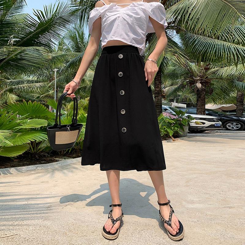 DIMANAF 2026 Summer New Plus Size Women Skirts Fashion Office Lady Style Pleated Long Skirt with Pockets Solid Black