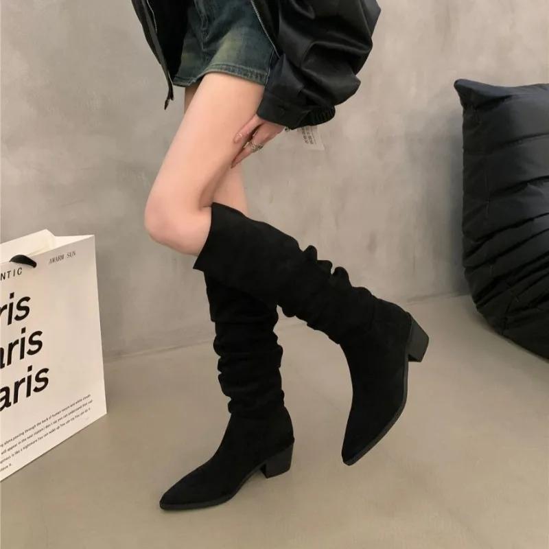 Women's Boots Pointed High-heeled Khaki Black Stacking Boots Women's New Long Tube Knight Boot High Quality Fashion Suede Boots