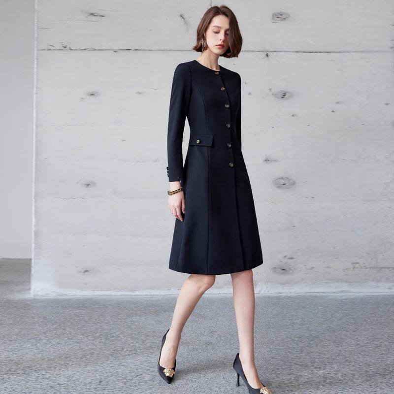 Spring-Autumn Slimming Round Neck Mid-Length Single-Breasted Women's Dress