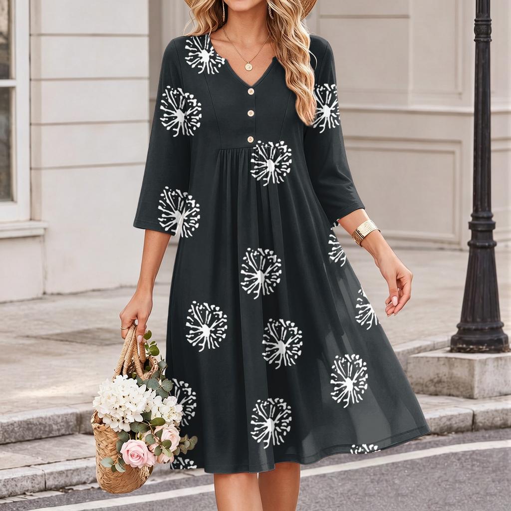 Women's Floral Print V-Neck Casual 3/4 Sleeve Dress