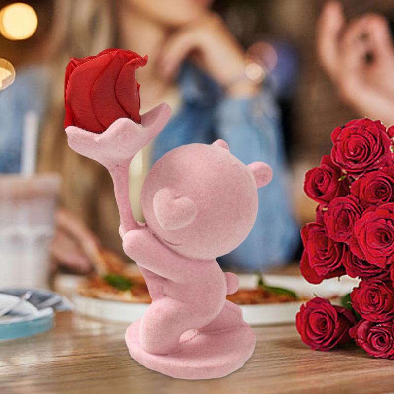 Bear Statue Bear Holding Flower Statue Romantic Flocking Desk Decoration For Mothers Day Valentine's Day For Mom Women Birthday