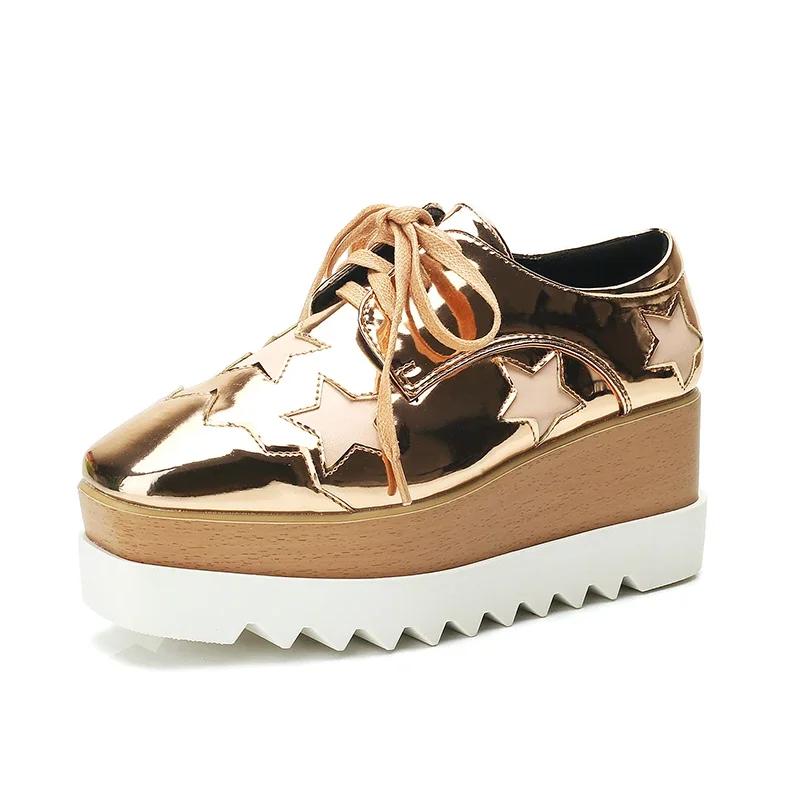 Stars Chunky Platform Brogue Shoes Women Lace Up Thick Sole Patent Leather Shoes Woman Non Slip Wedges Oxford Flats