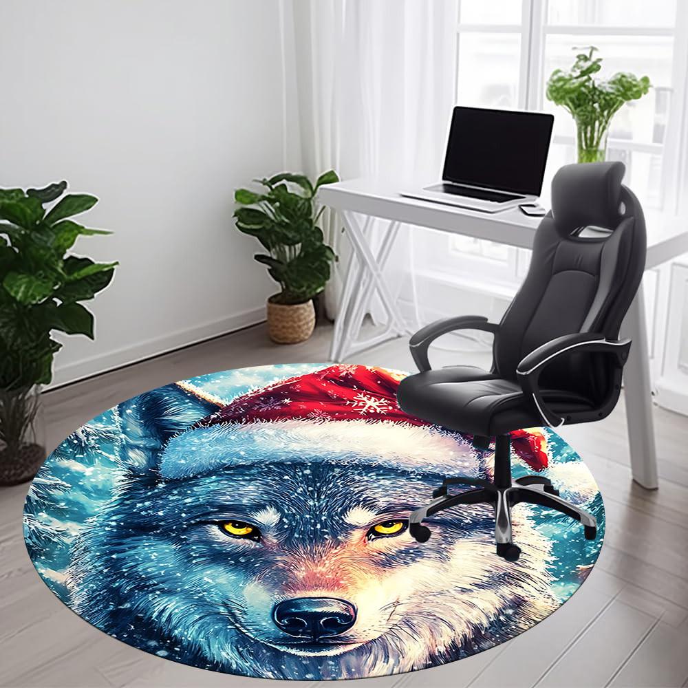 1pc Winter Wolf Office Round Area Rug, Indoor Mat Suitable ForOffice, Under Office Chairs Bedroom Living Room Home Decor, Room Deco T038