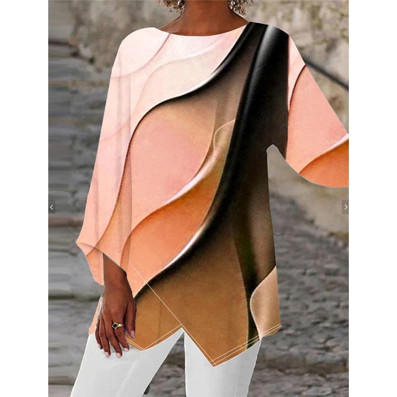 

Женская футболка с длинным рукавом и круглым вырезом с геометрическим принтом, свободная повседневная футболка больших размеров XXL оранжевый