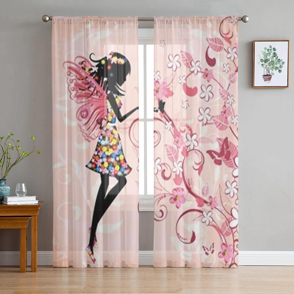 Forest Fairy Flower Butterfly Girl Tulle Curtains Living Room Bedroom Decor Chiffon Voile Kitchen Window Curtain Light Filtering For Made Of Polyester