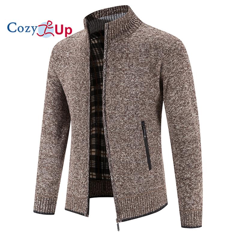 Cozy up Herren Strickjacke mit kleinem Stehkragen und dickem Samt