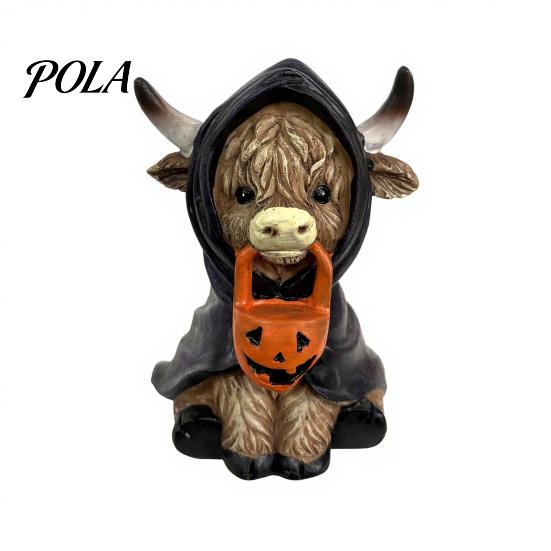 Decorative Pumpkin Cow Statue Highland Halloween Decor, Funny Resin Ghost Figurine for Home Mantel Decorations Office Tiered Tray Table Desk