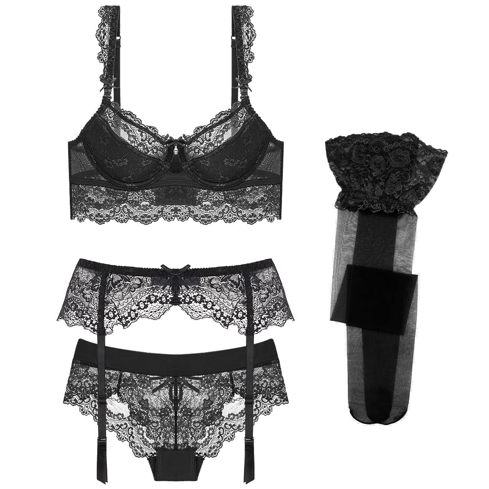 code lingerie sexy garter temptation set [Sexy 1701] Women's 4-piece set, bra, shorts, belt, stockings, (SV399-85C-Black)