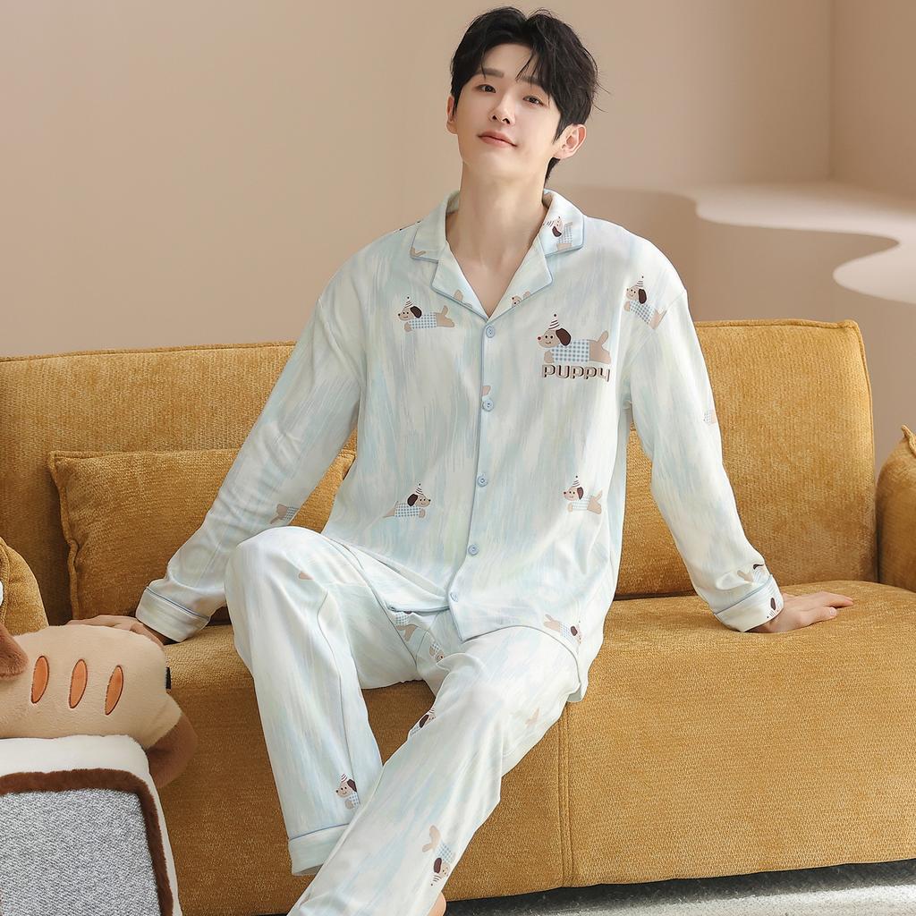 New long-sleeved trousers pure cotton couple pajamas can be worn outside cartoon loose casual men and women pajamas set cotton
