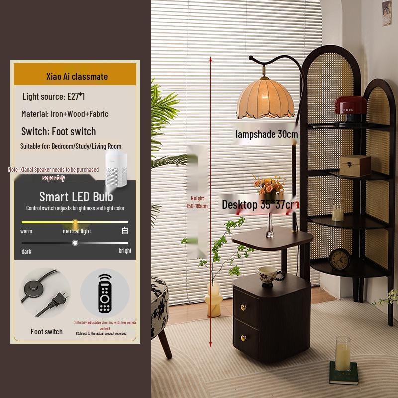 French Mid-Century Smart Bedside Table: Solid Wood, Integrated Lamp, Creative Storage Shelf