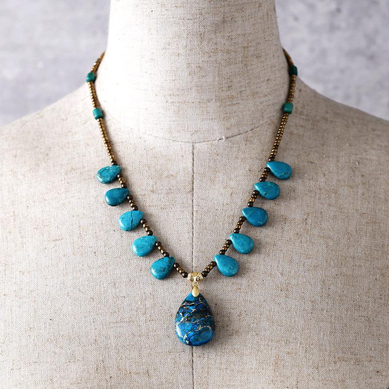 Luxury High Quality European and American Natural Turquoise Fashion Vintage Bohemian Water Drop Pendant Rice Bead Necklace, Jewelry