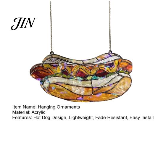 Lightweight Window Ornaments Hot Dog Stained Glass Acrylic Suncatcher, Colorful Retro Hanging Ornament with Modern Shop Soft Furnishings Metal Chain,
