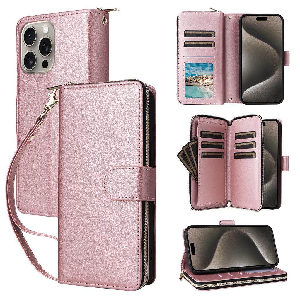 R20 For iPhone 15 Pro Case Zipper Pocket PU Leather Cover with 9 Card Slots