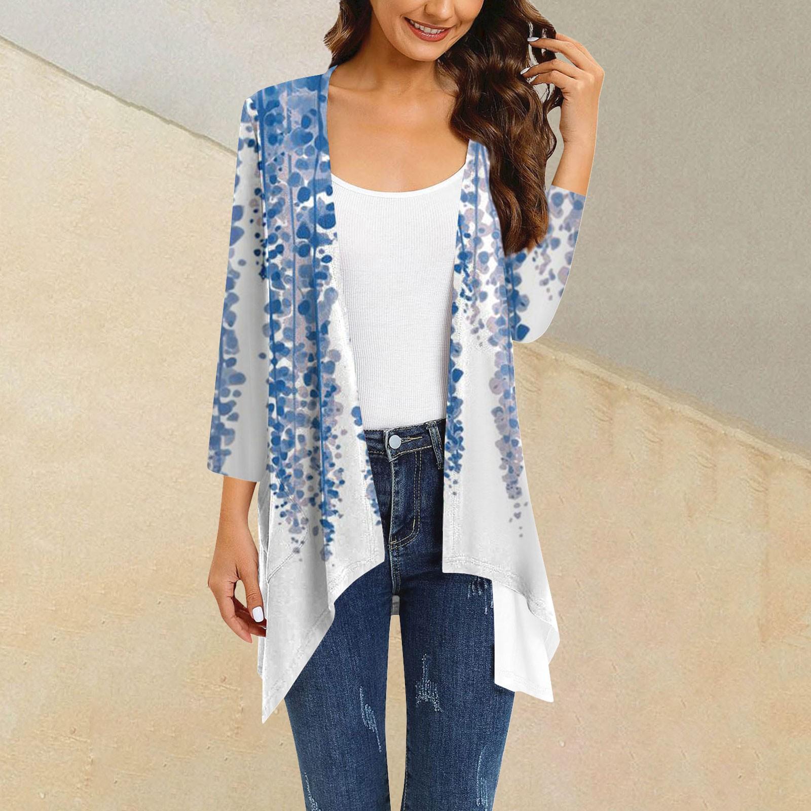 

Женский кардиган неправильной формы с принтом, рукавами три четверти и карманной курткой XL синий