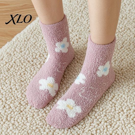 Thickened Fluffy Winter House Socks Coral Fleece for Women, Soft Thermal Crew with Non-Binding Extra Loose Ankle Top, Fuzzy Sleep Cute Prints
