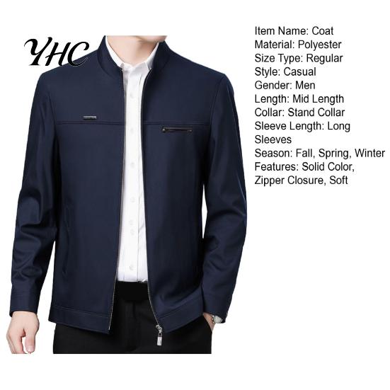 Solid Color Men Coat Spring Fall Stand Collar Mid-aged Father Jacket Long Cardigan Sleeve Smooth Zipper Closure Warm Business Style Pockets Winter