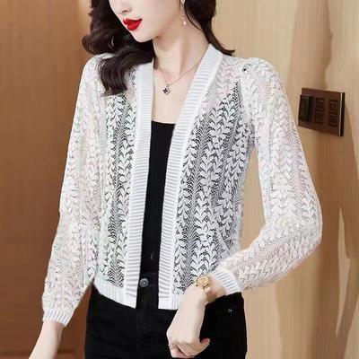 Summer Women's Thin Knit Plus Size Sweater Long Sleeve Short Sun Protection Jacket Cut-out Knitted Open Front Cardigan
