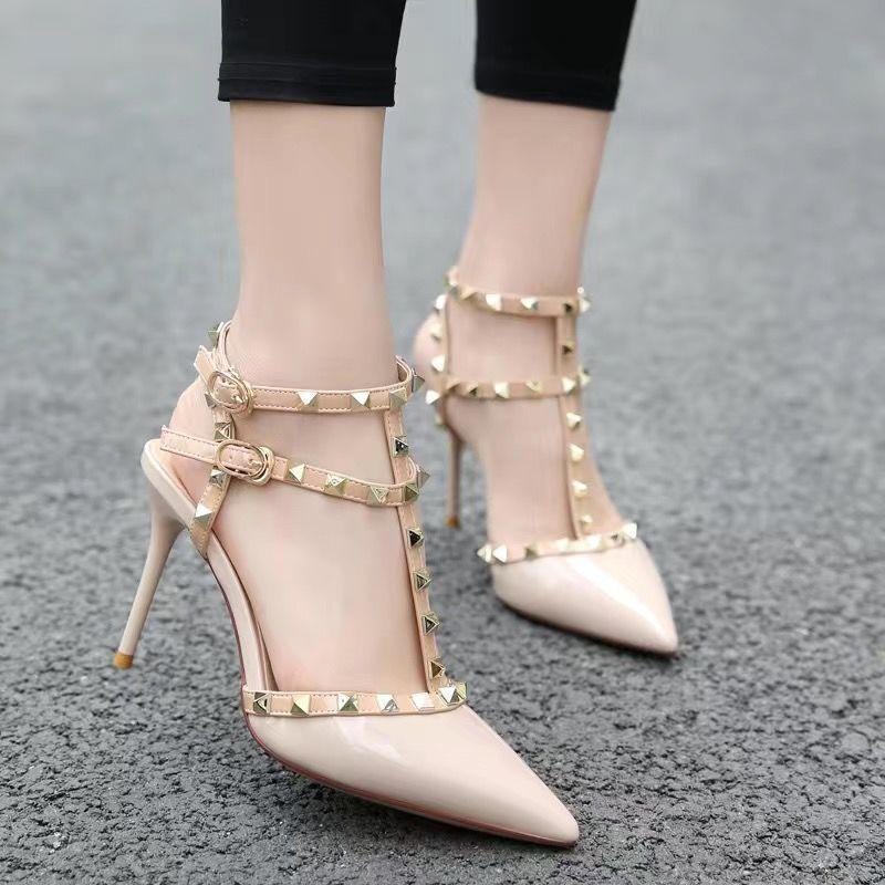 Rivet high heels women's stiletto single shoes versatile 2025 summer sexy pointed t-shaped with empty willow sandals women