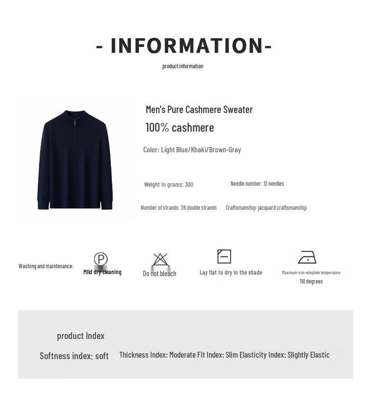 Hengyuanxiang Men's 100% Cashmere Stand Collar Zipper Knit Sweater