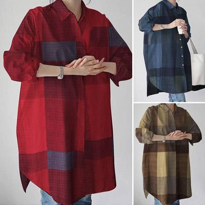 2022 Women's Plaid Tie-Neck Loose Asymmetrical Hem Shirt