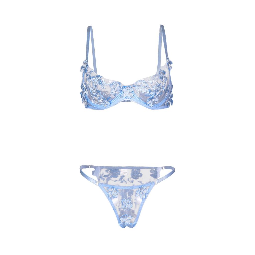 Women's Sexy  Lace Flower Embroidery Underwear Sexy Two-piece Suit With Steel Ring