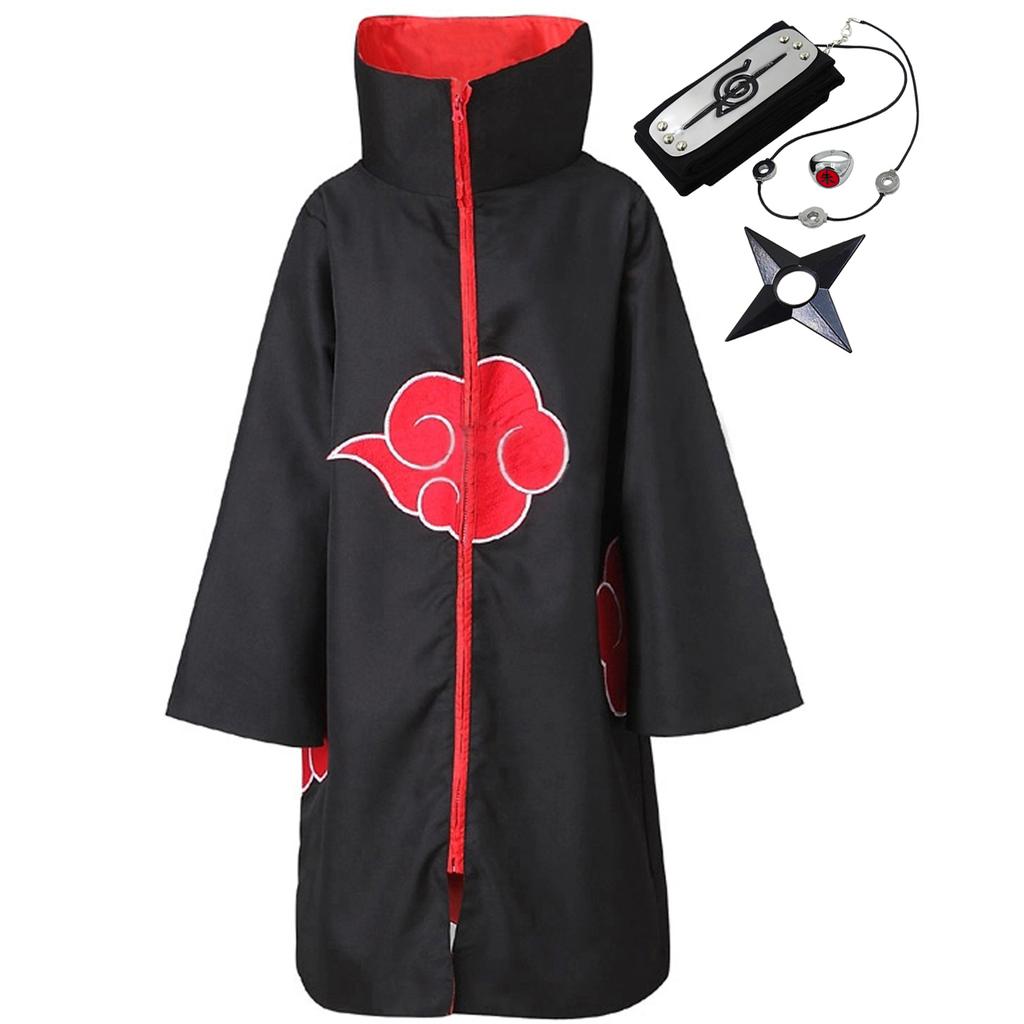 Akatsuki Uchiha Itachi Cloak for Kids Adult Long Black Robe Capes Halloween Carnival Cosplay Costume with Accessories