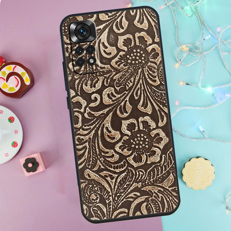 Brown Hand Tooled Western Case For Xiaomi Redmi Note 14 13 12 11 10 9 Pro 9S 10S 11S 12S Redmi 10C 12C 13C 14C Cover