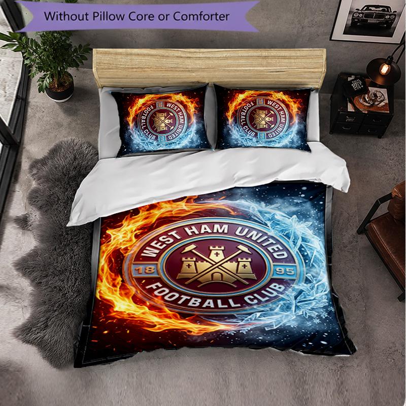 West Ham United Fußball 3-teiliges Bettwäsche-Set Weiches Bettbezug-Set mit Kissenbezügen Bedrucktes Schlafzimmer-Deko-Set für Zuhause
