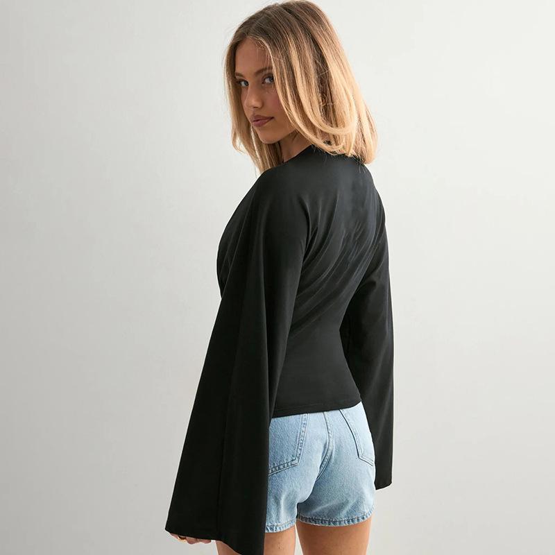 Y25TP201 European and American Women's Solid Color Round Neck, Wide Sleeve, Cinched Waist Sexy Long Sleeve Top