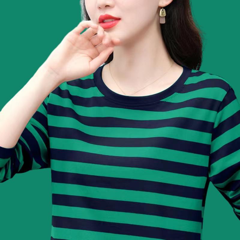 Breathable Cotton Long Sleeve Tshirt Women Loose Fit Simple Striped Casual Top Autumn