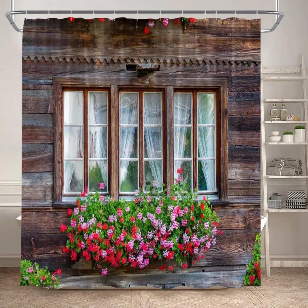 Fence Flowers Shower Curtains Blue Window Nature Floral Plants Scenery Modern Garden Wall Hanging Home Bathroom Decor with Hooks